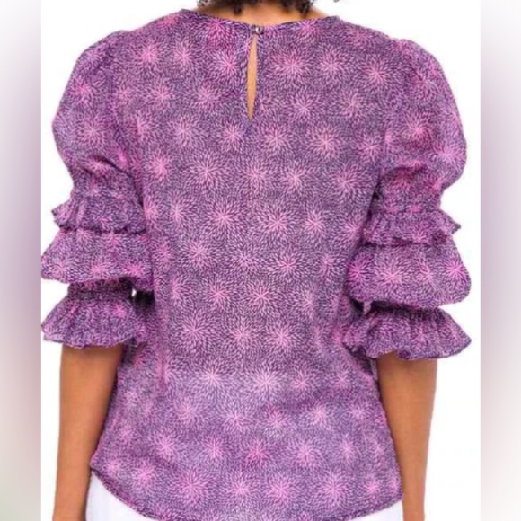 Banjanan Chloe top Petal Power Blueprint Purple blue Ruffle Sleeve Top sz Small - Picture 2 of 11